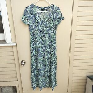 Eddie Bauer Short Sleeve Floral Midi Dress Blue Green Size Medium